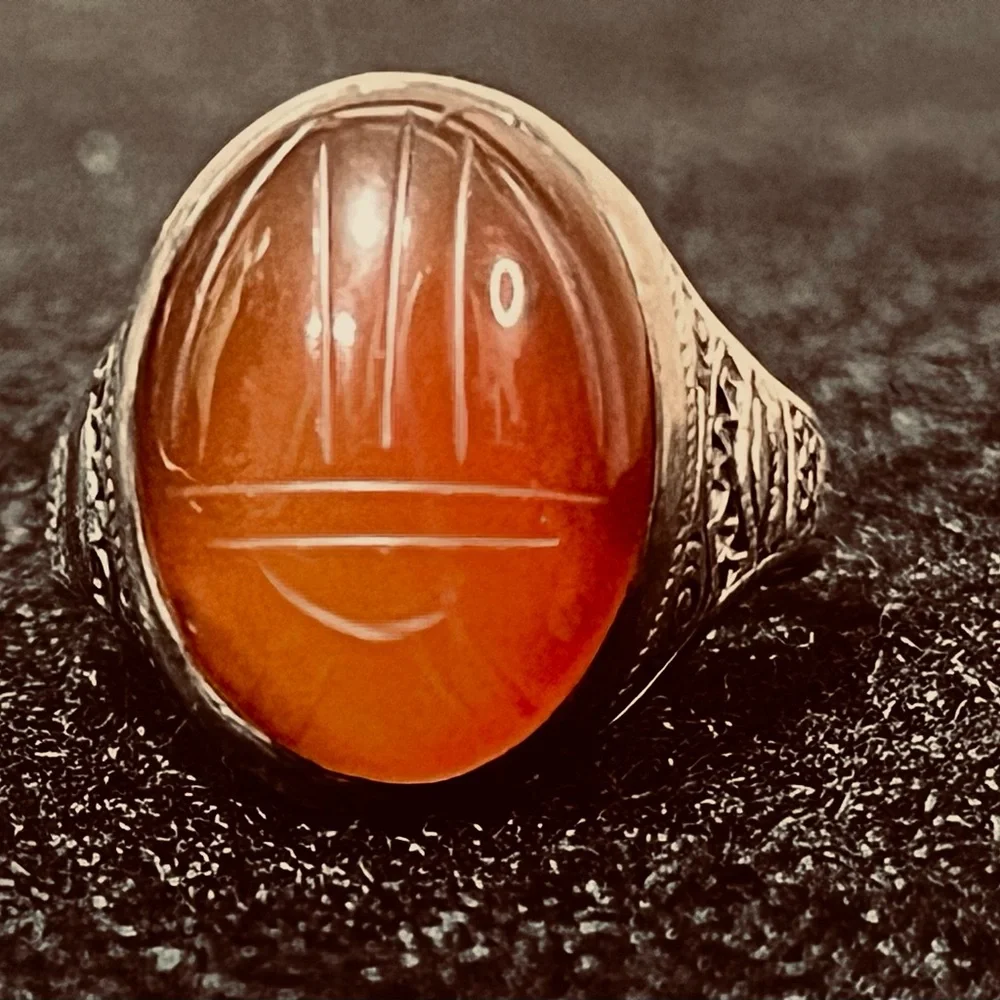 Silver Ring With Dark Amber Oval Stone That Has Sketching Engraved Size 6 1/2